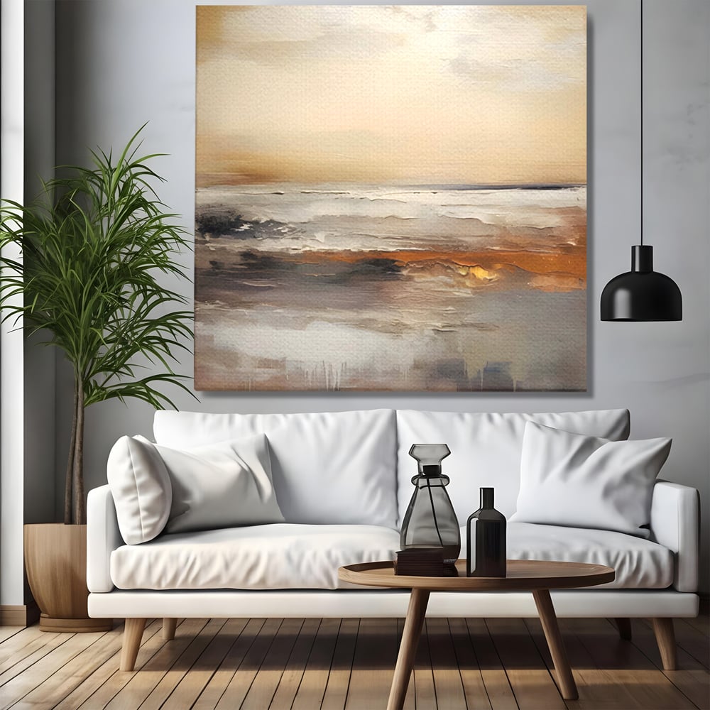 Tablou canvas cu pictura abstracta cu peisaj marin, fara rama, pe sasiu de lemn, pe perete intr-un living